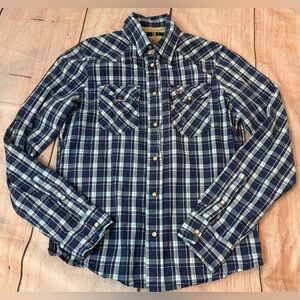 Hollister Men's Blue Plaid Shirt Size Medium Pearl Snap Long Sleeve Western